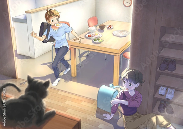 Obraz 「慌ただしい朝食から登校、遅刻しない様に玄関へ急ぐ」_キャラ有_BG主線有