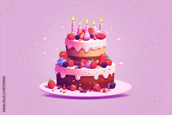 Obraz Birthday cake on pink background. Pixel art illustration for greeting card, party.