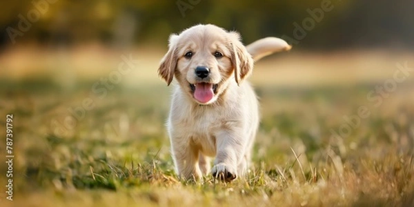 Fototapeta Playful golden retriever's tail captured in mid-wag as it joyfully runs across a sunny field