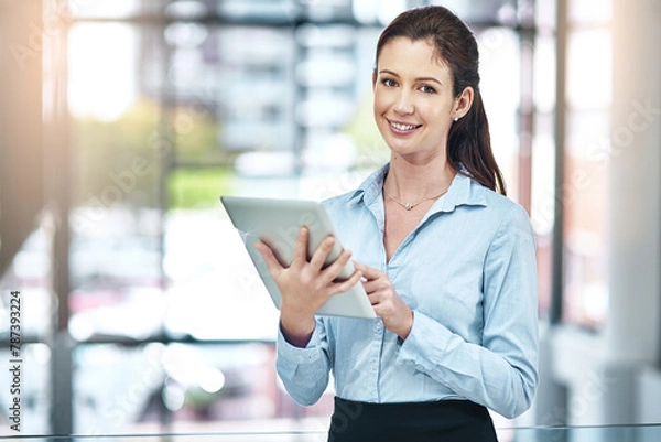 Obraz Office, portrait and woman with tablet, website review and online report on business opportunity article. Networking, confidence and happy businesswoman in lobby with digital app for email connection