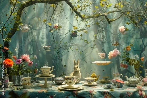 Fototapeta Mad Hatter, March Hare, and Dormouse hosting a tea party at their eccentric table, with cups and saucers suspended mid-air, capturing the whimsy and surrealism of the scene.