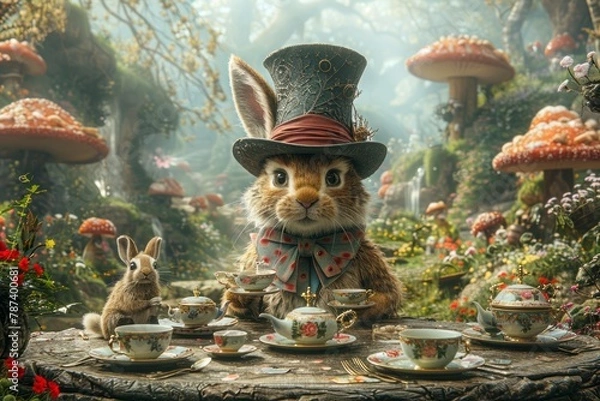 Obraz Mad Hatter, March Hare, and Dormouse hosting a tea party at their eccentric table, with cups and saucers suspended mid-air, capturing the whimsy and surrealism of the scene.
