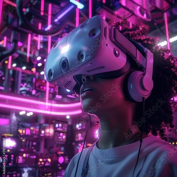 Fototapeta A woman wearing a virtual reality headset is looking at a computer screen