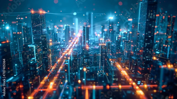 Obraz Smart City and network connection conceptand dot connect with gradient line design , big data connection technology concept. 3d render