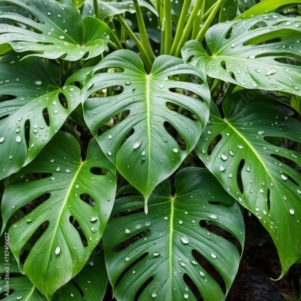 Fototapeta Green leaves of Monstera Deliciosa plant with rain drops. AI generated
