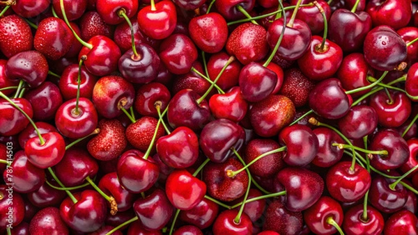 Fototapeta Close-up of a bright red cherry tree taken from above. Cherry background