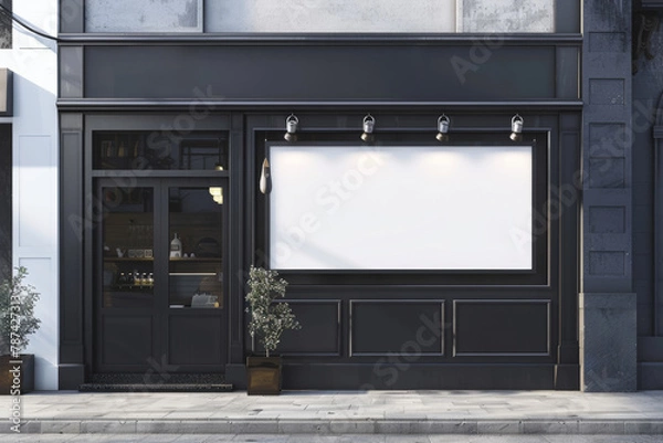 Fototapeta Modern cafe exterior with large blank advertisement board in urban setting