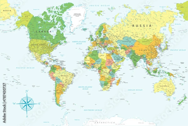 Fototapeta Mapa świata - bardzo szczegółowa kolorowa mapa wektorowa świata. Idealnie nadaje się do plakatów drukowanych.