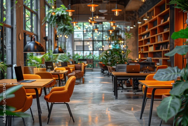 Fototapeta Trendy co-working space featuring warm lighting, orange chairs, wood tables, and a tranquil plant decor. AI Generated.