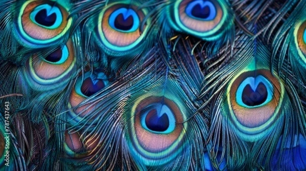 Fototapeta This image captures the intricate details and vibrant colors of peacock feathers, showcasing their natural beauty