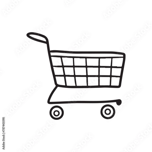 Fototapeta Empty shopping cart in black isolated on white background. Hand drawn vector sketch illustration in doodle engraved line art vintage style. Concept of market shop store equipment for making purchases
