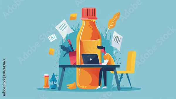 Fototapeta A person at a desk, struggling to lift a giant glue bottle with a laptop stuck to it, symbolizing business challenges
