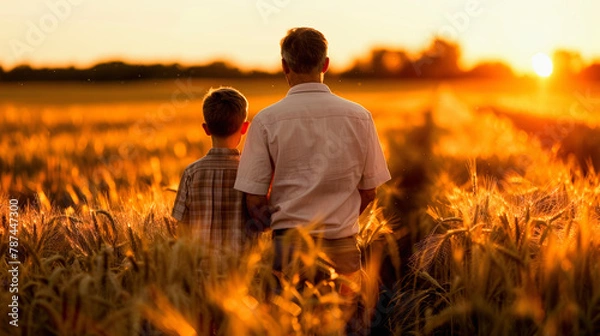 Fototapeta A man and a child standing in a wheat field at sunset, gazing into the horizon, sharing a peaceful moment together.