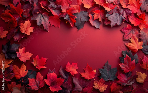 Fototapeta Heart made of leaves on red background. Generative AI