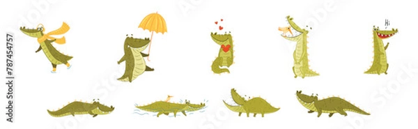 Fototapeta Cute Crocodile Character in Different Situation Vector Set
