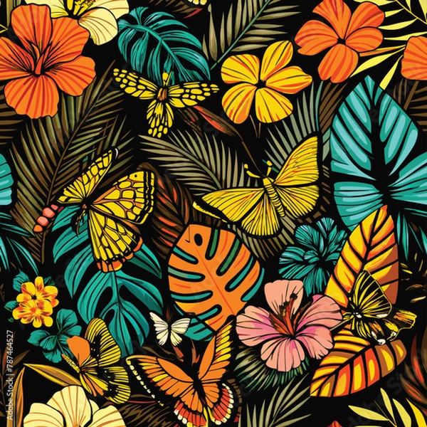 Obraz Seamless flowers and butterflies tropical pattern. Vector Ilustration
