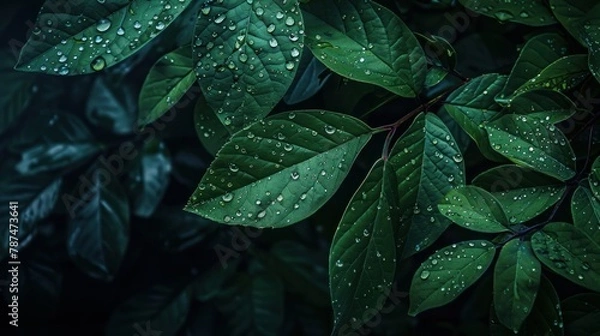 Fototapeta A moody and atmospheric photo capturing water drops on green leaves after a rain, set against a dark forest background