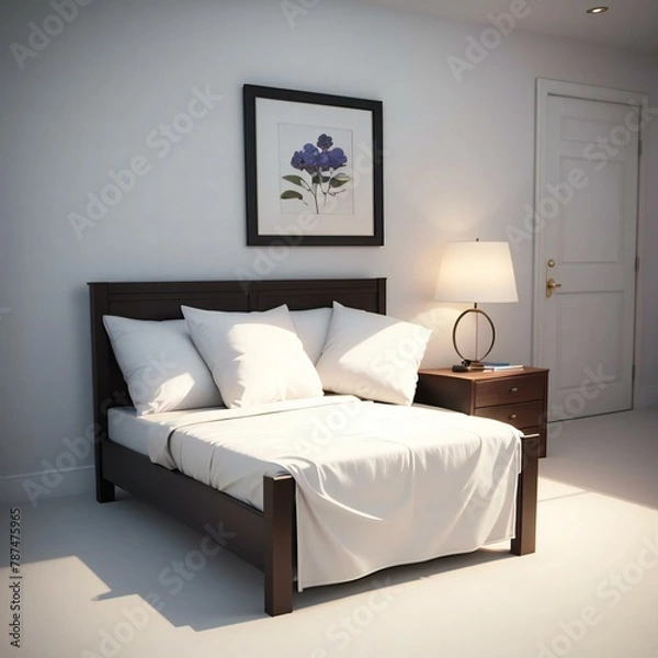 Fototapeta A neatly arranged bedroom with a dark wood bed, white bedding, and a lamp on a bedside table. A framed flower picture hangs above the bed.