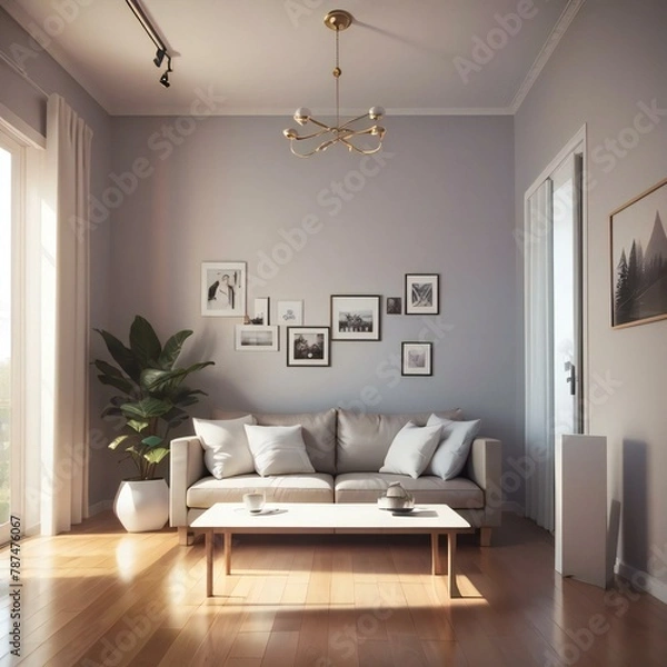 Fototapeta Elegant living room with a modern sofa, wooden coffee table, and a gallery wall of black and white photos. Sunlight streams through large windows, highlighting the lush indoor plant