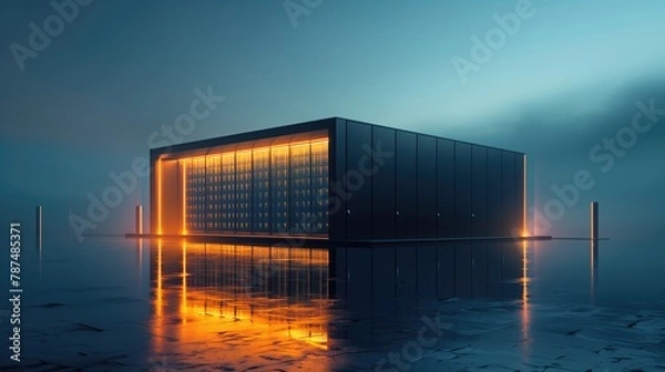 Fototapeta 3d render of modern data center office building with glass facade and glowing lights