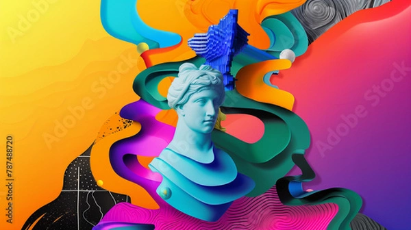 Fototapeta Retro wave background with statue, copy space