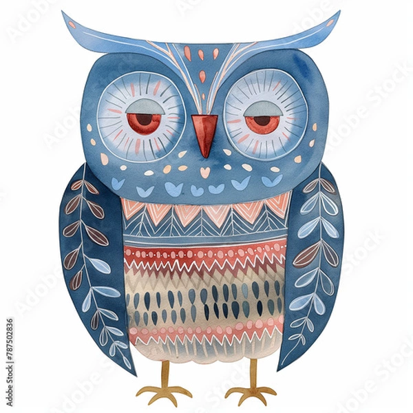 Obraz watercolor scandinavian folk art owl illustration, blue and light red colors