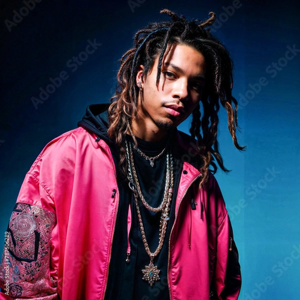 Fototapeta A Painting of a Biracial Braider: Streetwear Icon with Threads and Pink Hair Flair