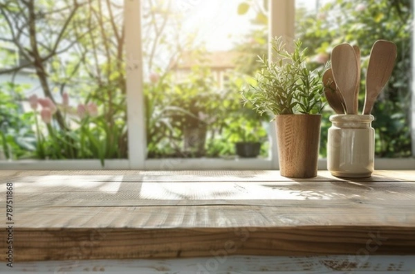 Fototapeta Wooden Table With Utensils and Cup of Liquid