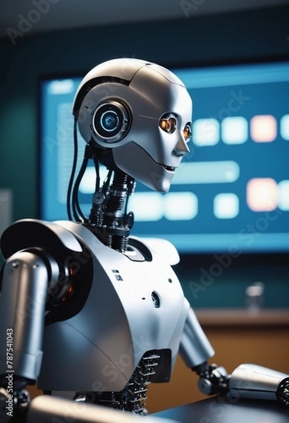 Fototapeta A machine is on a desk in a classroom, as a robot sits next to it