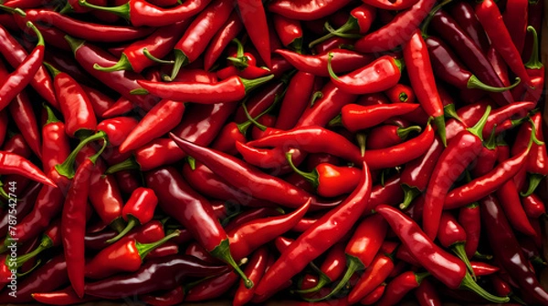Fototapeta A dense collection of glossy red chili peppers creates a fiery tapestry of spice and color