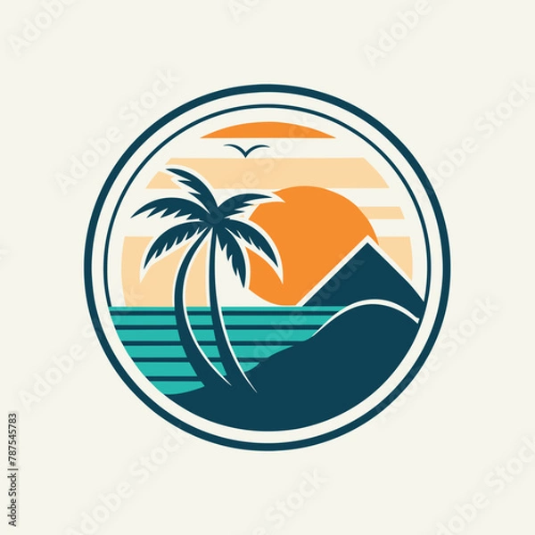 Fototapeta A sunset scene featuring a palm tree silhouetted against a mountain backdrop, Design a minimalist logo for a luxury beach resort, minimalist simple modern vector logo design
