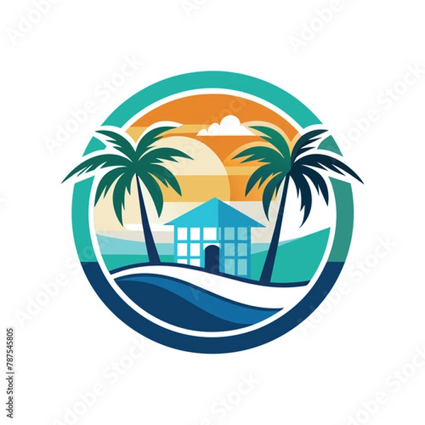 Fototapeta A house surrounded by palm trees with a vibrant sunset in the background, Design a sleek, minimalist logo for a pharmaceutical brand