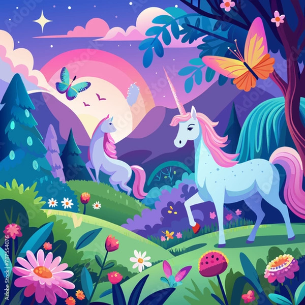 Fototapeta Peaceful meadow with grazing unicorns and shimmering butterflies Illustration