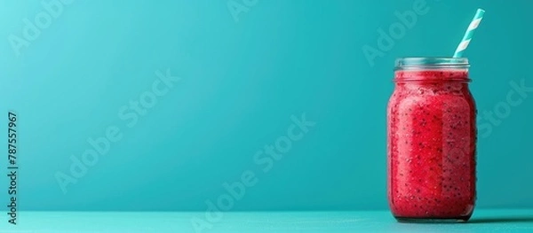 Fototapeta A red fruit smoothie freshly blended and served in a glass jar with a straw on a turquoise blue background, with space for text.