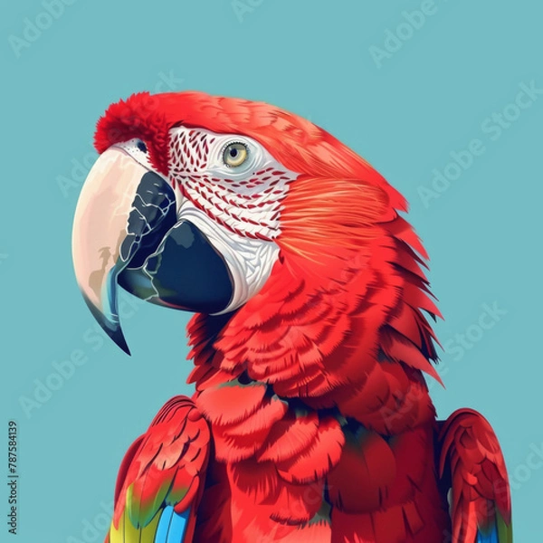 Fototapeta Digital illustration of a red macaw parrot with a detailed and vibrant plumage against a teal background.