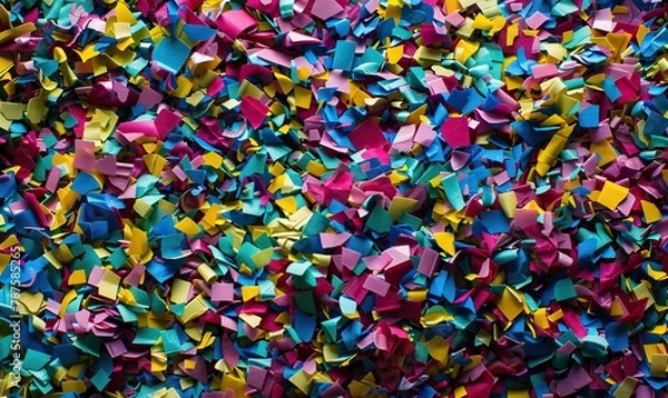 Fototapeta Blue, red, yellow and colorful confetti background. Decoration and celebration background High quality AI generated image