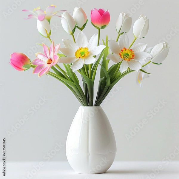 Fototapeta A vibrant collection of spring flowers, including tulips and daffodils, arranged in a sleek white vase.