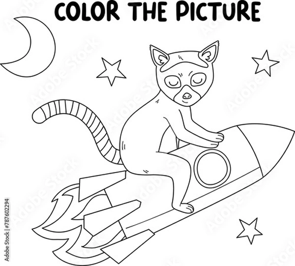Obraz Kids coloring book page. Lemur on a rocket ship isolated on white background.