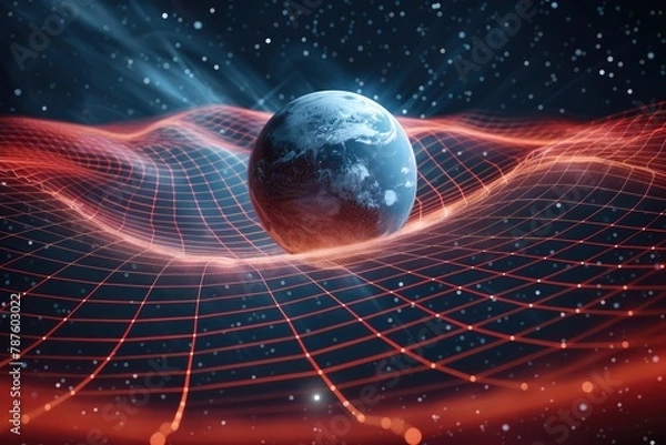 Fototapeta Gravitational theory, gravitational wave on planet Earth, physical and technological basis, design with gravity grid, sphere, distortion lines and curved space-time.