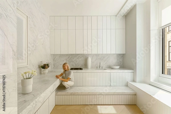 Fototapeta Minimalist kitchen with marble countertops and monochrome palette, afternoon light in New York luxury condo, showcasing spacious design.
