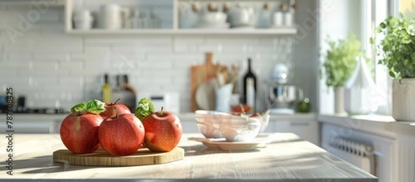 Fototapeta within a small white kitchen with crisp apples displayed on the table