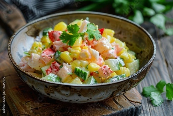Fototapeta Salad with crab sticks pineapple cucumber and corn