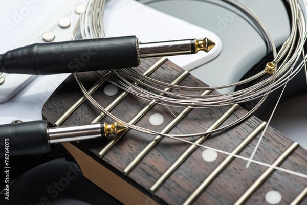 Obraz Guitar frets with strings, cable and jacks