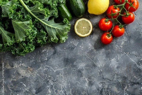 Fototapeta Fresh vegetables kale lemon tomatoes on rustic background top view Healthy food concept
