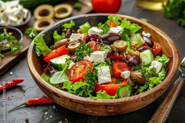 Fototapeta Greek salad with olives feta cheese tomatoes pepper lettuce and cucumber Healthy meal idea