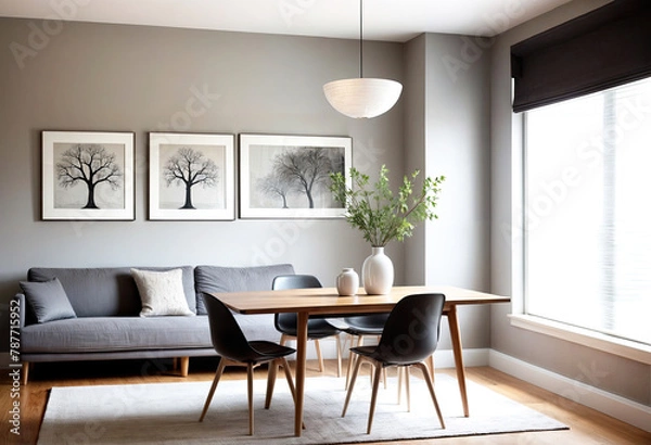 Fototapeta Wooden Chairs in Bright Open Interior with Lamp And Grey Couch