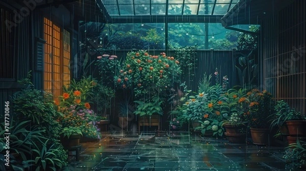 Fototapeta A serene and peaceful Japanese style garden, bathed in rain with rich greenery and traditional architecture providing a meditative ambience