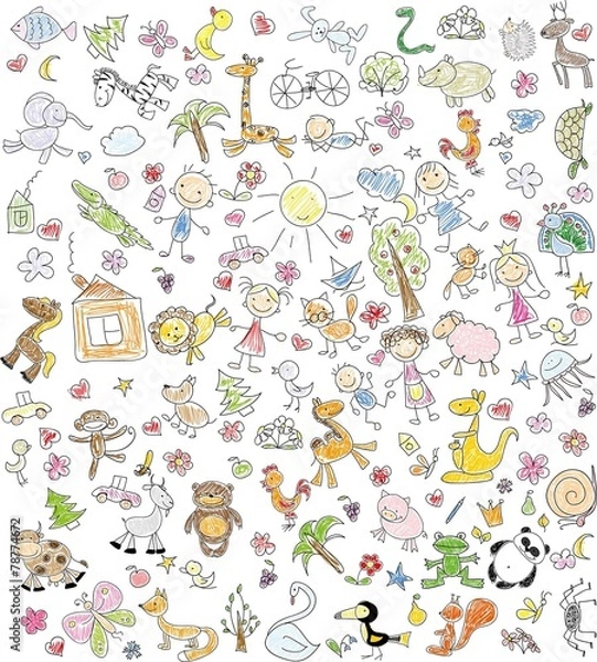 Fototapeta Детские рисунки каракули животных, людей, цветов