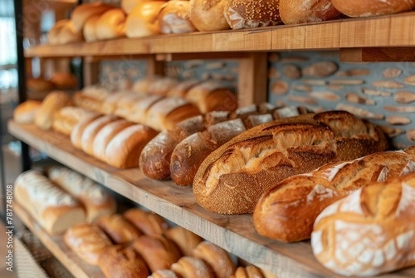 Fototapeta Close-up of artisan bread loaves on wooden shelving adding a rustic charm to a bakery's ambiance