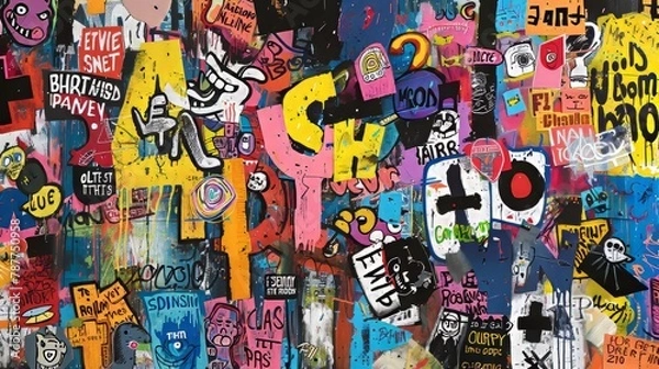 Fototapeta A chaotic yet charming mix of funny bathroom sayings, layered creatively in a vibrant, complex artwork